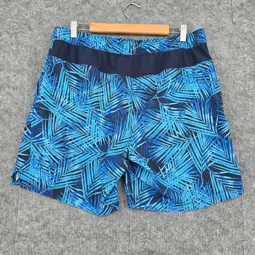Speedo Mens Blue Tropical Palm Leaf Print Swim Trunks Size Large Zipper Pocket